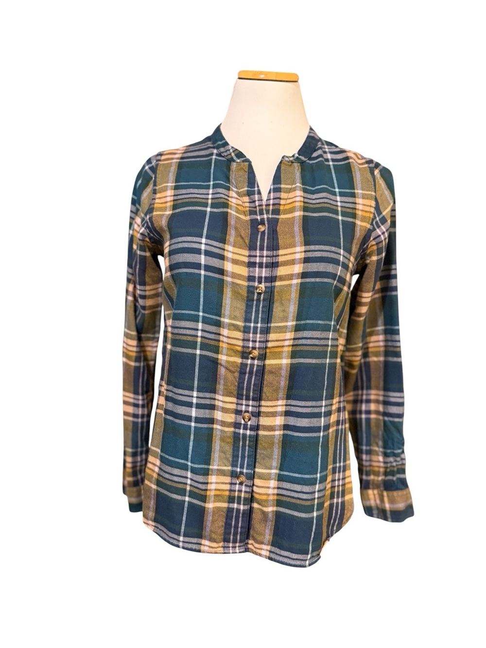 LL Bean Flannel Plaid Button-Front Shirt in Teal and Mustard